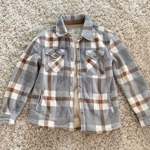 Plaid Utility Jacket in Gray, Brown, and Cream